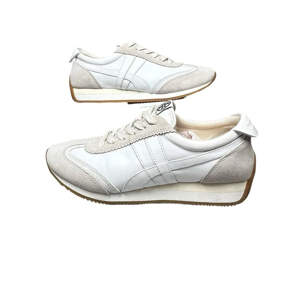 Tory Burch Hank Slim Sneaker Womens 8.5 Ivory White Suede Retro Trainer Gum Sole